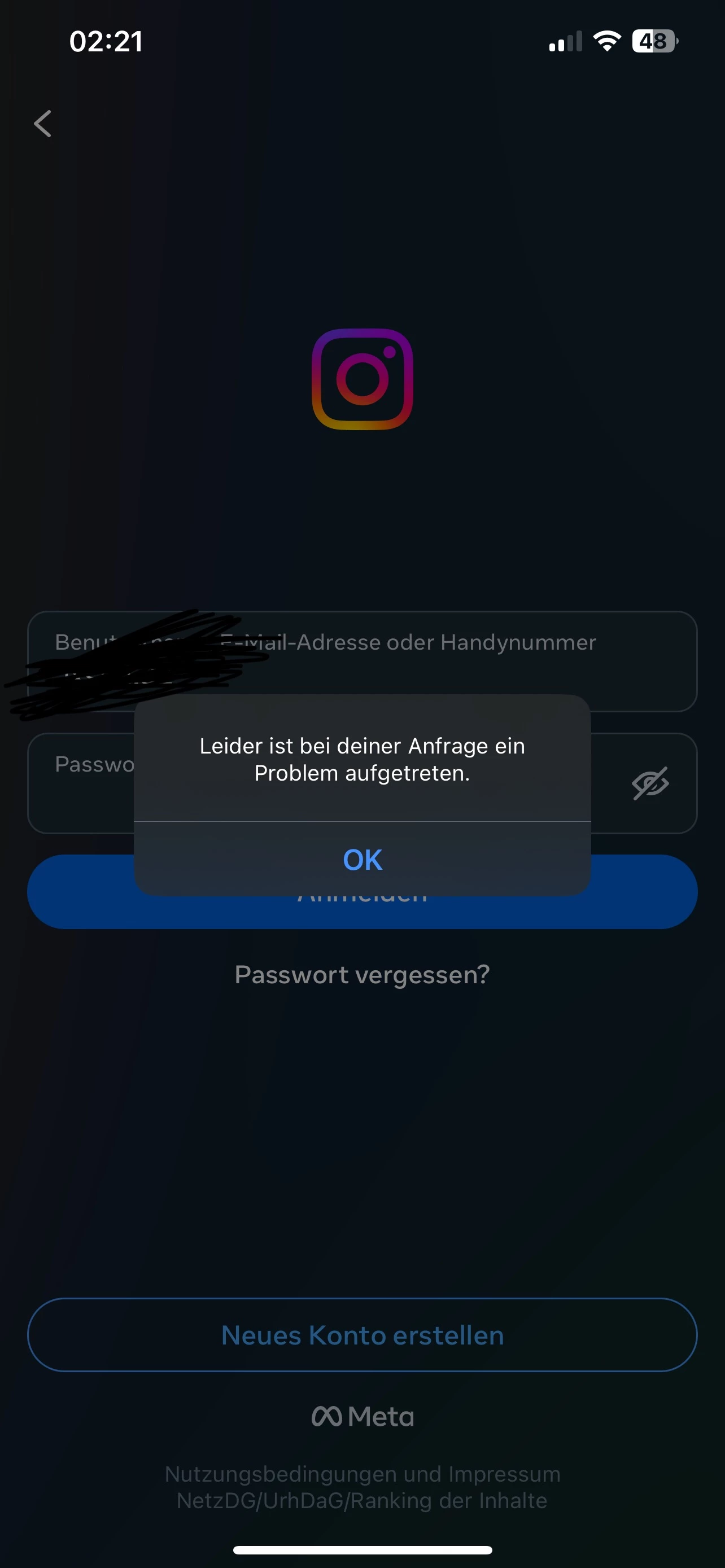 Neues Instagram-Profil nicht verfügbar nach Login